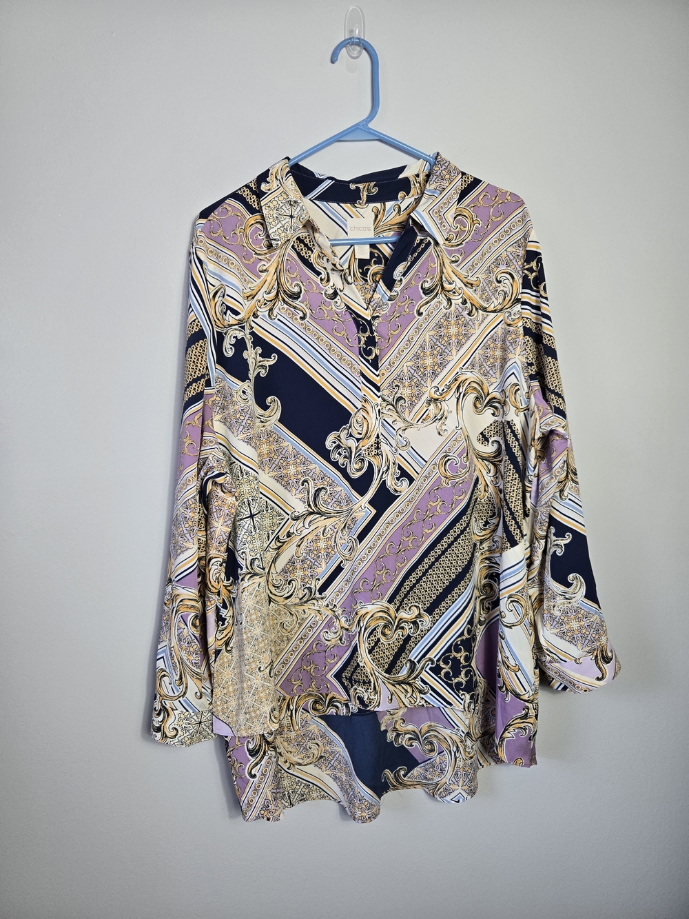 Chico's Baroque Scarf Print Blouse Top Long Sleeve Hi-Low Tunic Size 4 (XXL)